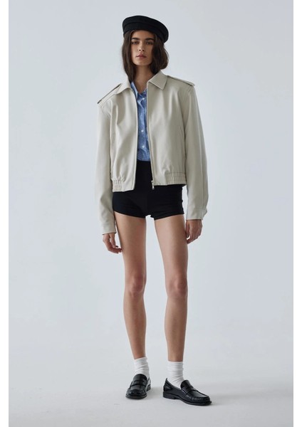 Krem Cooper Crop Bomber Ceket