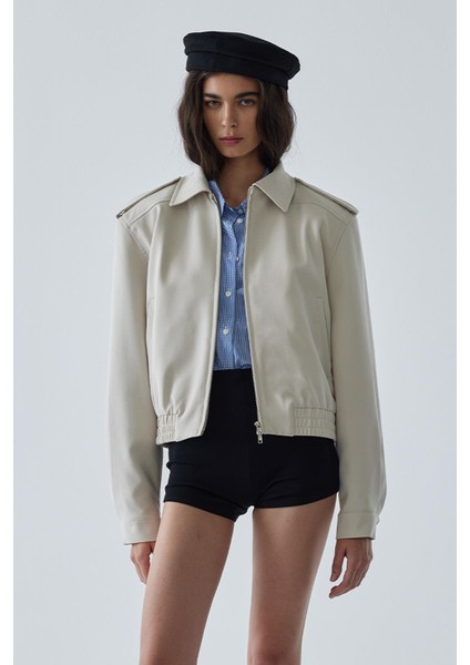 Krem Cooper Crop Bomber Ceket