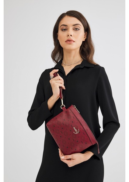 Kadın Basic Clutch Çanta Monogram Desenli Logolu Bordo Siyah (4010B) 214009