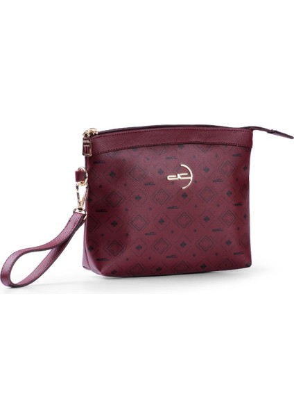 Kadın Basic Clutch Çanta Monogram Desenli Logolu Bordo Siyah (4010B) 214009
