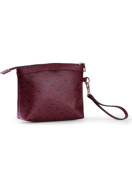Kadın Basic Clutch Çanta Monogram Desenli Logolu Bordo Siyah (4010B) 214009