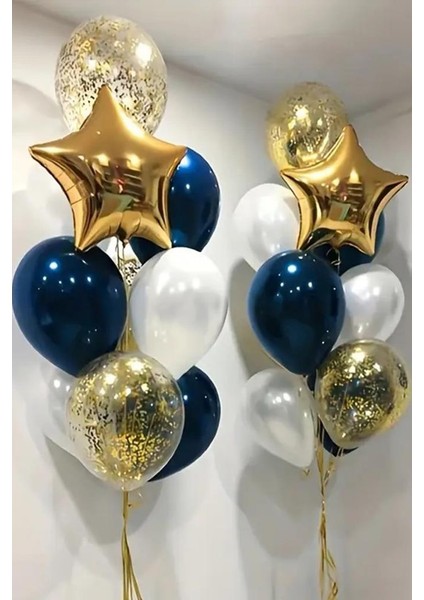 Gold Yıldız Gece Mavisi Beyaz Şeffaf Konfetili Balon Seti