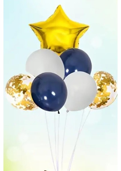 Gold Yıldız Gece Mavisi Beyaz Şeffaf Konfetili Balon Seti