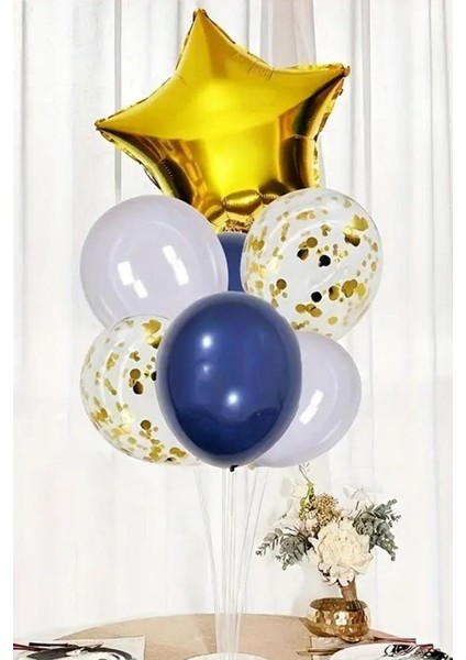 Gold Yıldız Gece Mavisi Beyaz Şeffaf Konfetili Balon Seti