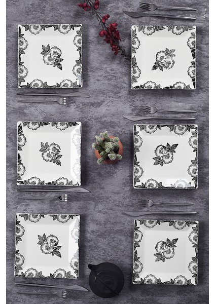 6'lı Şık Tasarım Handmade Black Rose Desen Pasta Tabak Seti Sunum Seti Servis Tabakları Tatlı Tabağı 20CM