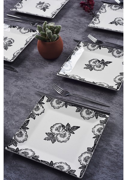 6'lı Şık Tasarım Handmade Black Rose Desen Pasta Tabak Seti Sunum Seti Servis Tabakları Tatlı Tabağı 20CM