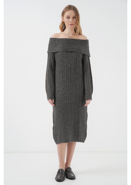 15920 Madonna Yaka Oversize Triko Elbise - Antrasit