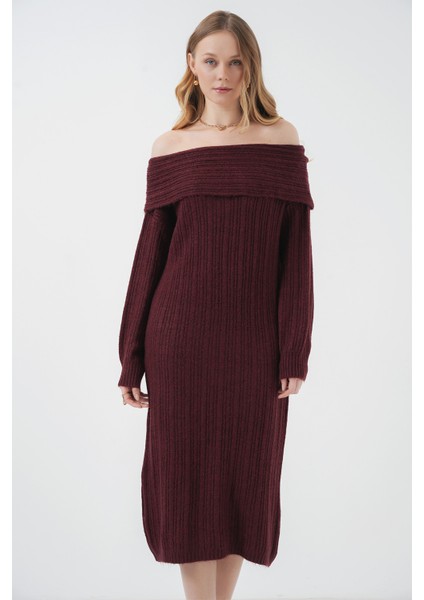 15920 Madonna Yaka Oversize Triko Elbise - Bordo