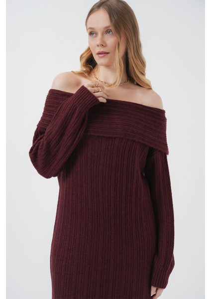 15920 Madonna Yaka Oversize Triko Elbise - Bordo modelleri