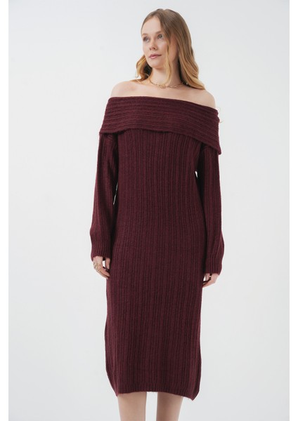 15920 Madonna Yaka Oversize Triko Elbise - Bordo fırsatları