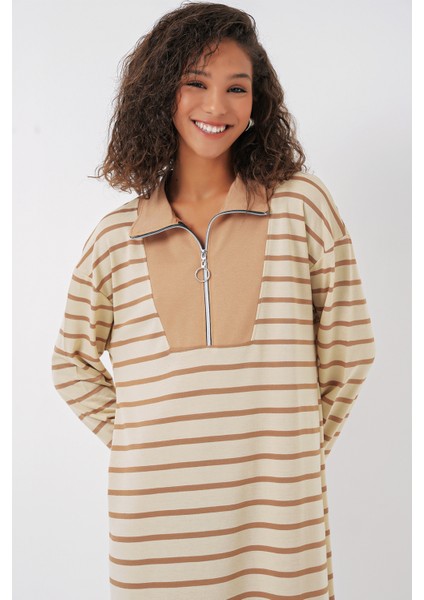 55453 Kadın Fermuar Detaylı Çizgili Uzun Elbise - Bej fiyatları