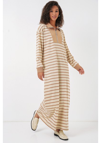 55453 Kadın Fermuar Detaylı Çizgili Uzun Elbise - Bej modelleri