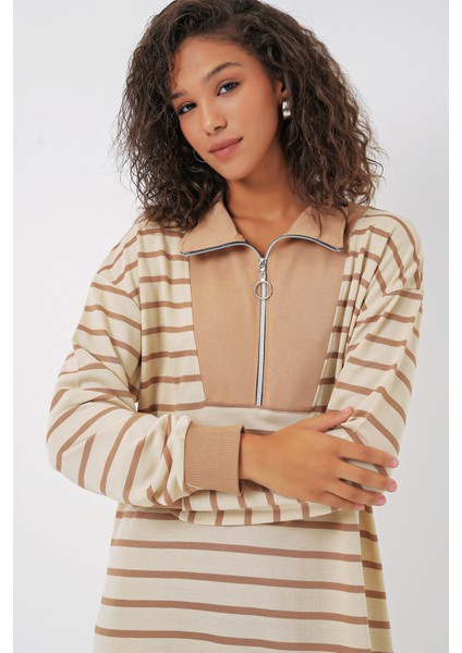 55453 Kadın Fermuar Detaylı Çizgili Uzun Elbise - Bej fırsatları