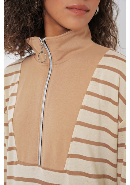 55453 Kadın Fermuar Detaylı Çizgili Uzun Elbise - Bej indirimleri