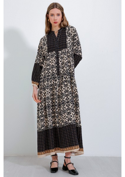 2423 Otantik Desenli Elbise - Siyah4