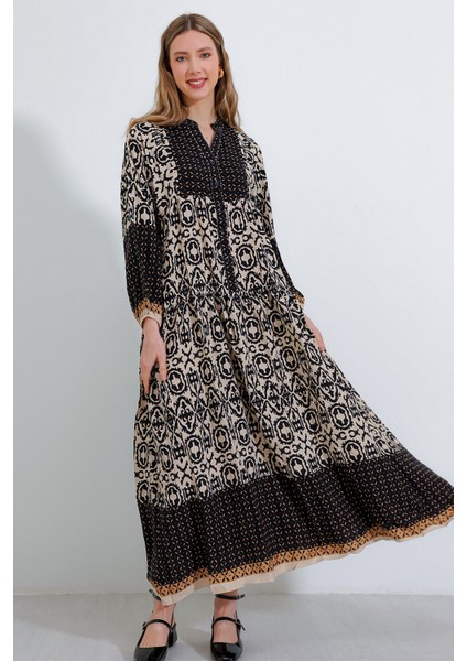 2423 Otantik Desenli Elbise - Siyah4 modelleri