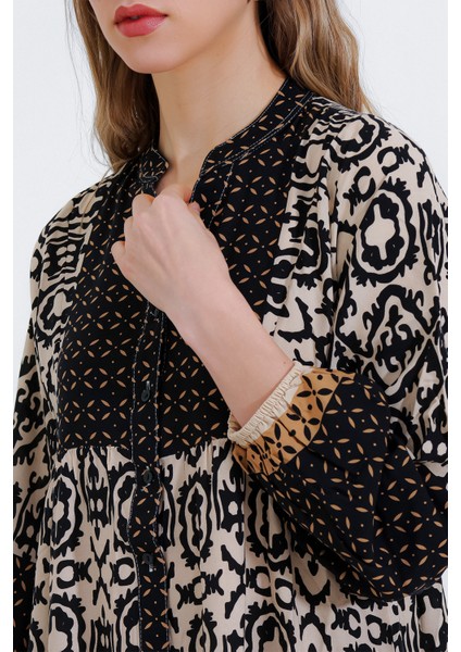 2423 Otantik Desenli Elbise - Siyah4 fırsatları