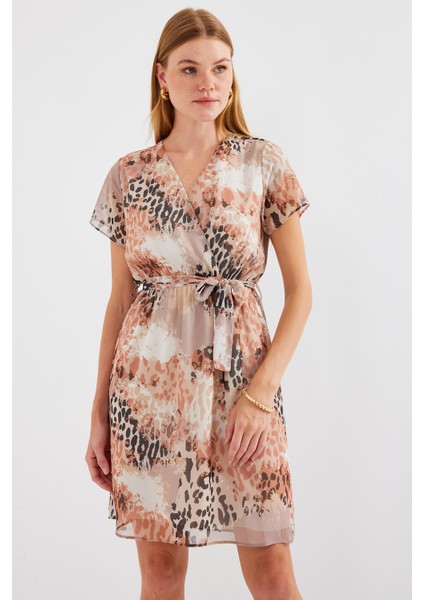 2502 Kısa Kol Desenli Şifon Elbise - Bej modelleri