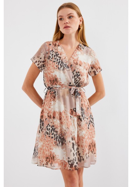 2502 Kısa Kol Desenli Şifon Elbise - Bej fırsatları