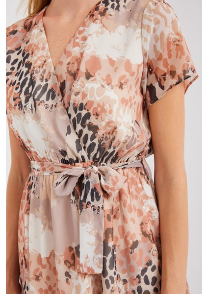 2502 Kısa Kol Desenli Şifon Elbise - Bej indirimleri