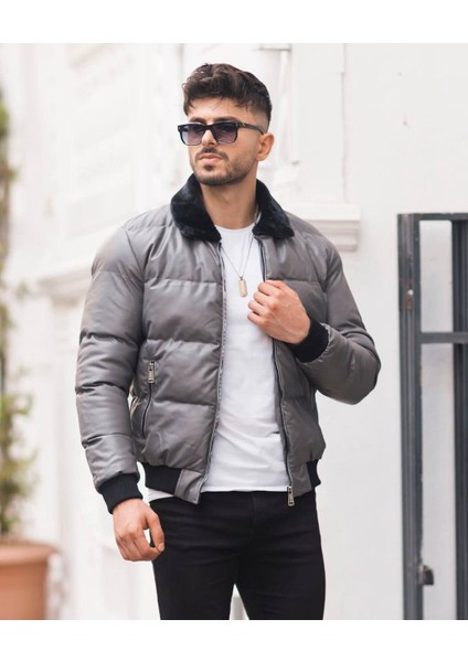 Kürk Yaka Suni Deri Crop Mont