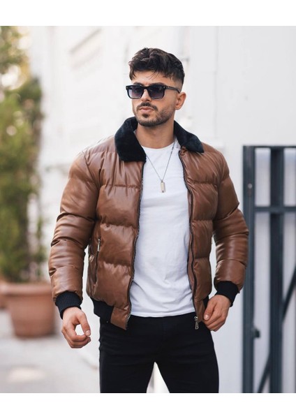 Kürk Yaka Suni Deri Crop Mont