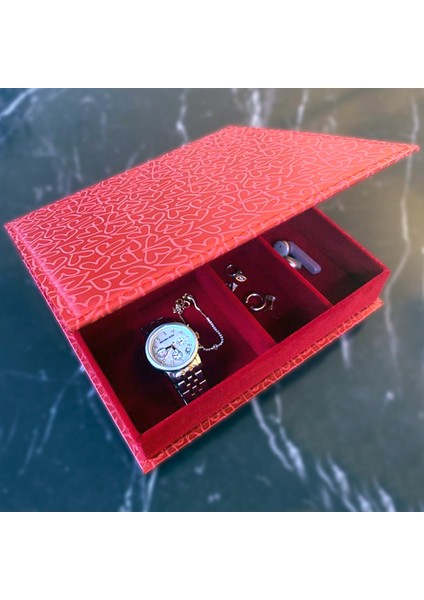 Kalpli Dijital Baskılı Kırmızı Deri Kaplama Küçük Boy Takı Kutusu