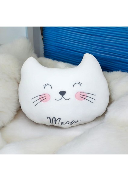 Sevimli Kedi Yastık & Meow Baskılı Dekoratif Polar Kumaş Yumuşak Hediyelik Kedi Yastık Peluş Oyuncak