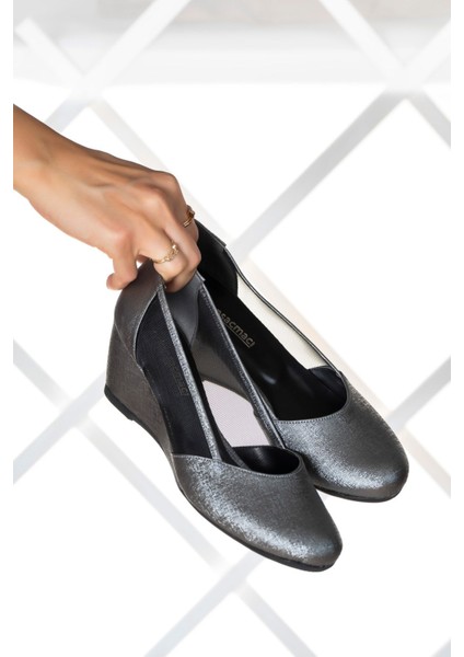 Kadın Dolgu Topuklu Ayakkabı Nano Fileli Antrasit Taban Kaymaz Tasarım modelleri