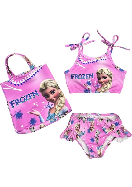 Kız Çocuk Çantalı Frozen Karakterli Mavi Bikini Takım