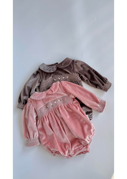 Rokoko Nakışlı Kadife Kız Bebek Tulum Pembe