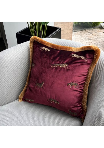 Dekoratif Leopar Desenli Bordo Kadife Kırlent Kılıfı 45 x 45 cm fiyatları
