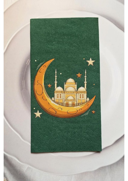Dini Motif Baskılı Yeşil Ramazan Sofra Peçetesi 12'li Paket