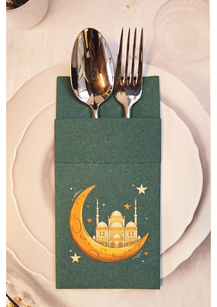 Kumaş Dokulu Cepli Yeşil Kumaş Dokulu Dini Motif Baskılı Peçete 6'lı Paket