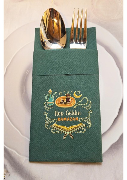 Kumaş Dokulu Cepli Yeşil Hoş Geldin Ramazan Yazılı Peçete 6'lı Paket