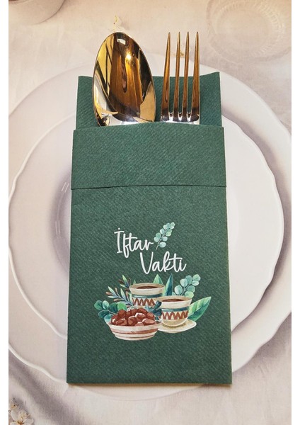 Kumaş Dokulu Cepli Yeşil Iftar Vakti Yazılı Peçete 6'lı Paket