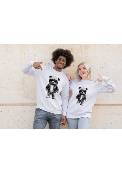 Bisklet Yaka Unisex Uzun Kollu Sweatshirt Teddy Bear Baskılı