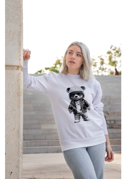Bisklet Yaka Unisex Uzun Kollu Sweatshirt Teddy Bear Baskılı