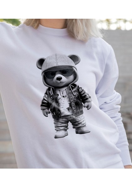 Bisklet Yaka Unisex Uzun Kollu Sweatshirt Teddy Bear Baskılı
