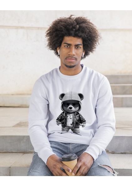 Bisklet Yaka Unisex Uzun Kollu Sweatshirt Teddy Bear Baskılı fırsatları