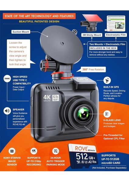 R2-4k Dash Cam, Dahili Wi-Fi, Gps, Geotagging, Konum Takip, 4K Kayıt modelleri