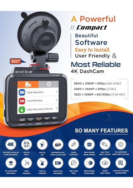 R2-4k Dash Cam, Dahili Wi-Fi, Gps, Geotagging, Konum Takip, 4K Kayıt fırsatları
