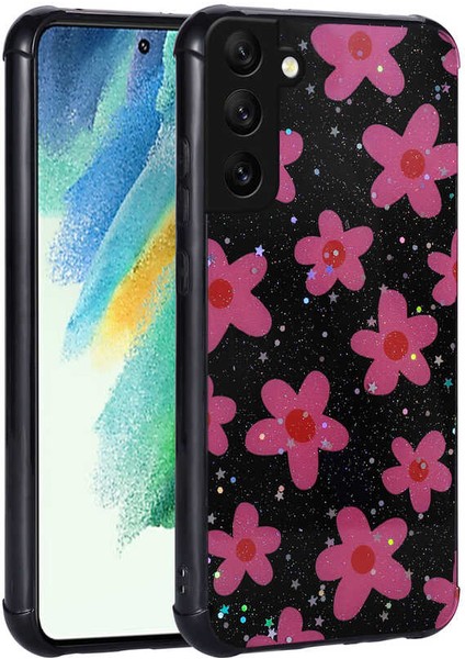 Galaxy S21 Fe Kılıf Simli Desenli Kamera Korumalı Parlak Popy Kapak-Çiçek