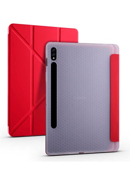 Galaxy Tab S7 Plus T970 Kılıf Uyumlu Tri Folding Kalem Bölmeli Standlı Kılıf-Kırmızı