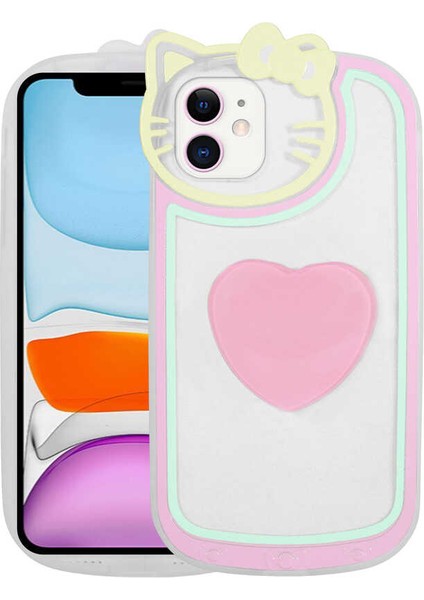 Apple iPhone 12 Kılıf Kedi Figürlü Transparan Pop Soketli Ritmik Kapak-Pembe