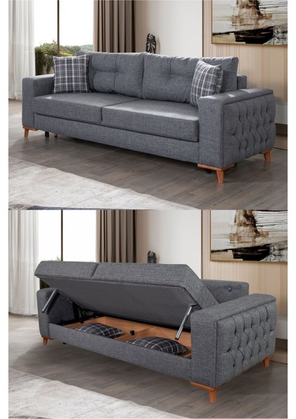 Nola Üçlü Kanepe & Bazalı Yataklı Koltuk - Antrasit Keten Kumaş