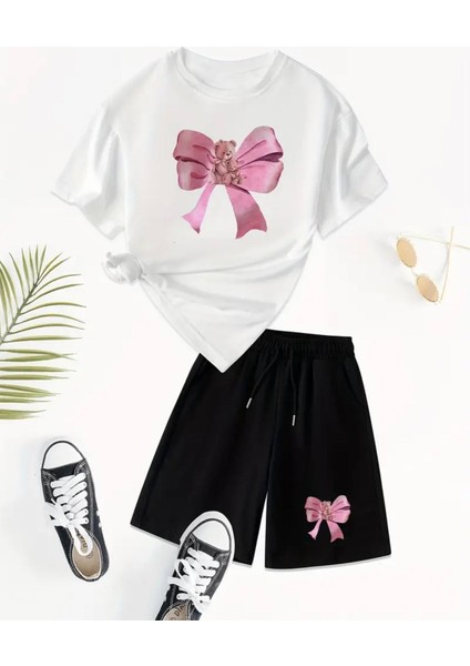 Punıx Kıds Özel Üretim Kurdele Baskılı Yeni Stil Kız Çocuk T-Shırt Şort Takım