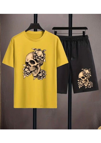Büyük Beden Özel Tasarım Kuru Kafa Baskılı Ultra Hafif Modern Battal Erkek T-Shırt Şort Takımı