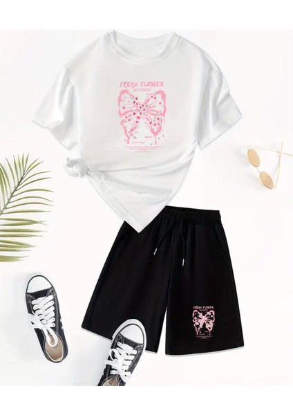 Punıx Kıds Özel Üretim Butterfly Fiyonk Baskılı Yeni Stil Kız Çocuk T-Shırt Şort Takım