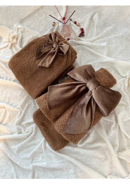 Peluş Uzun Çorap Takım Kahve Fiyonklu Uyku Çorabı ve Ayak Isıtıcı Peluş Welsoft Sıcak Su Torbası ile